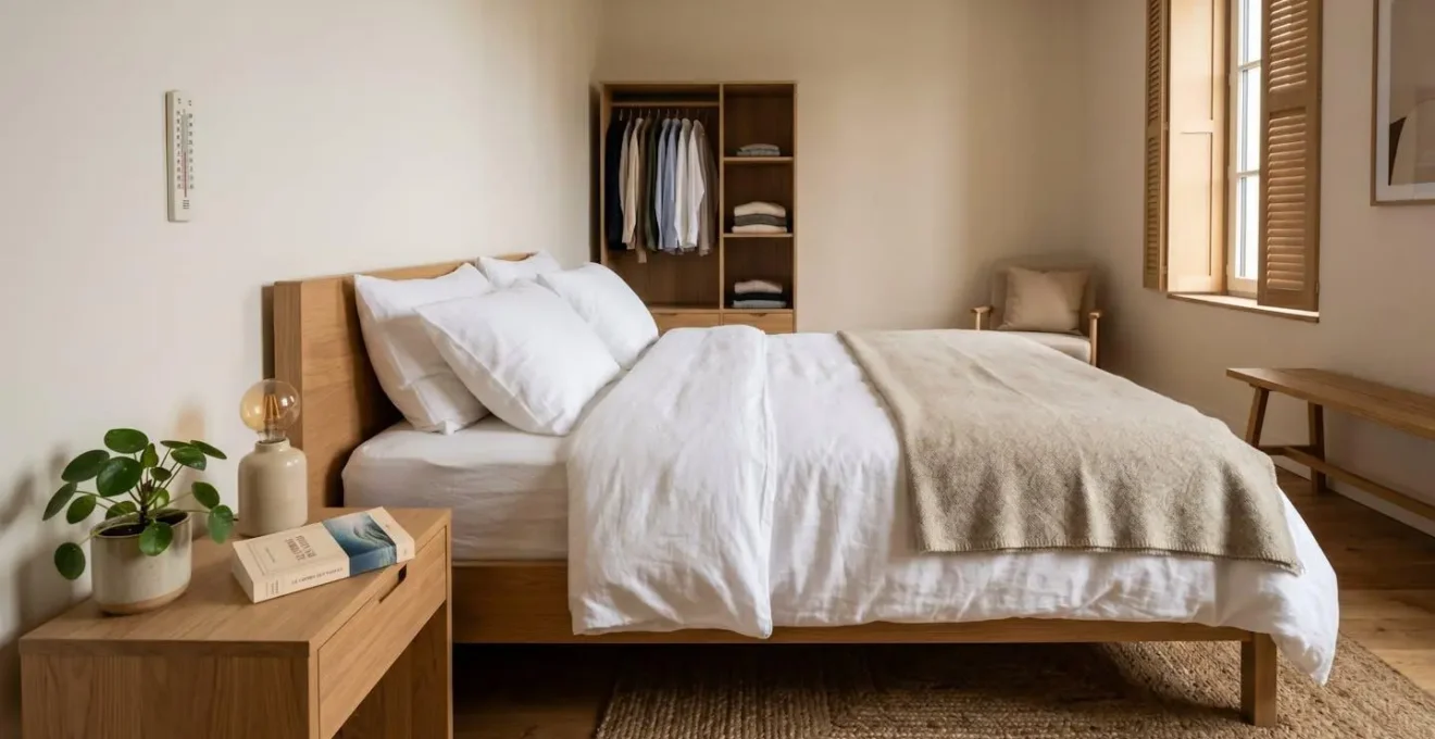 Chambre française aménagée selon principes d'hygiène du sommeil avec thermomètre à 18°C et absence d'écrans